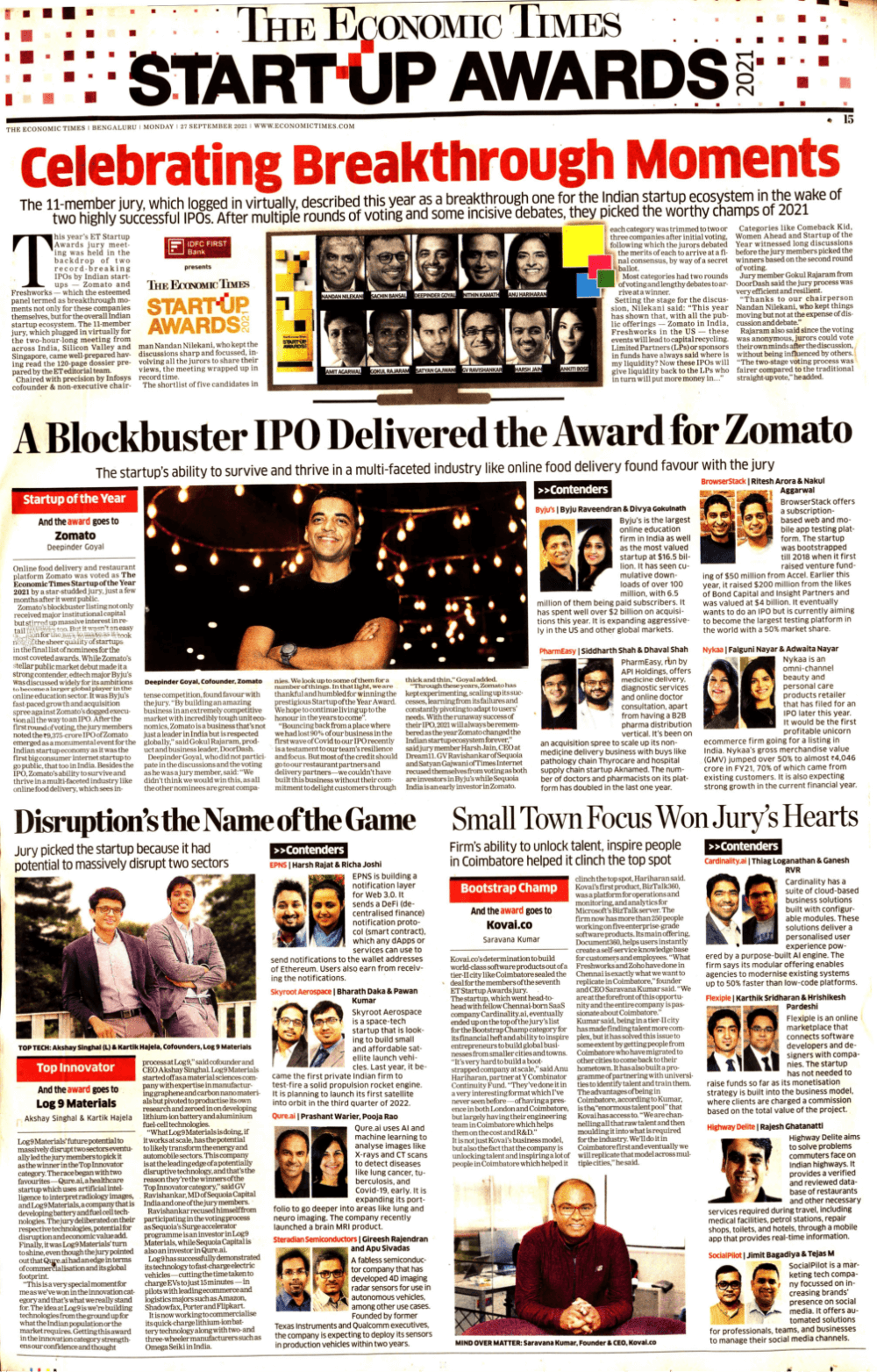 Kovai.co wins the title “Bootstrap Champ” at  the Economic Times Startup Awards 2021
